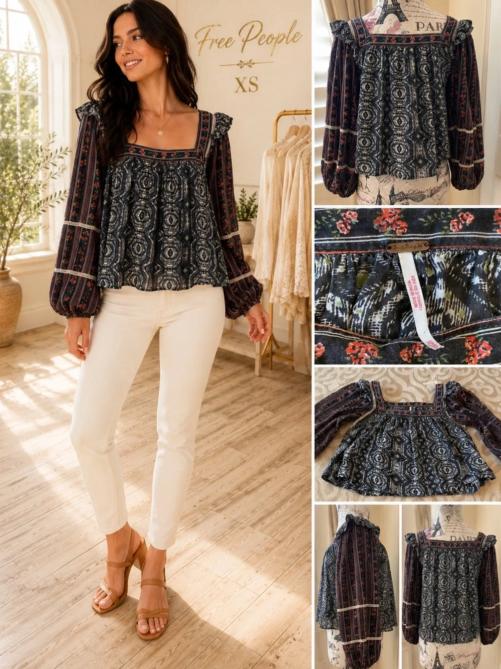 Free People XS Boho Peasant Top Mixed Print Square Neck Navy
